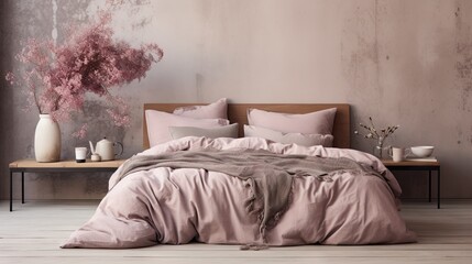 Fototapeta na wymiar a bed with a pink comforter and pillows on it. generative ai