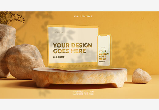 Yellow Colorful Smartphones and Laptop Mockups on Stone Platform
