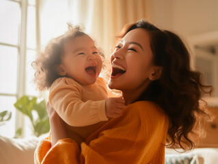 happy family Mother and child hugging each other Young mother shows love and affection Smiling mother and funny little preschool daughter have fun and share a tender moment together at home. - Powered by Adobe