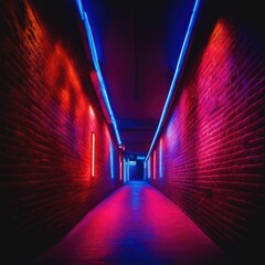 neon light on a brick long hallway that are not plastered background and texture lighting effect...