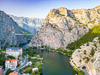 An aerial view of the Cetina River that runs through the town of Omis on the Dalmatian coastline of Croatia