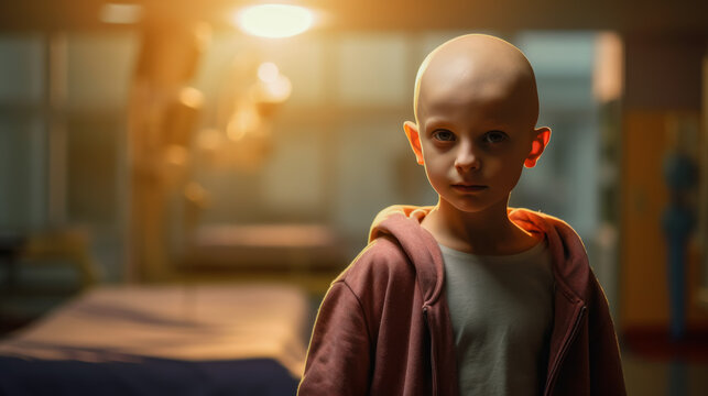 A hairless boy has cancer and is being treated with chemotherapy. Little boy with no hair suffers from cancer-causing weakness in hospital