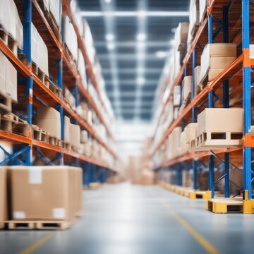 retail warehouse full of shelves with goods in cartons with pallets and forklifts logistics