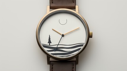  a close up of a watch on a white surface with trees.  generative ai