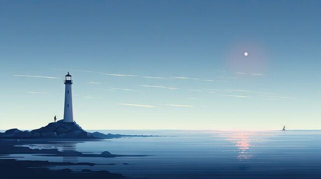  a painting of a lighthouse on the ocean with a bright sun in the background.  generative ai