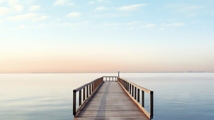 Obraz premium a wooden pier extending into the water with a person standing on it. generative ai