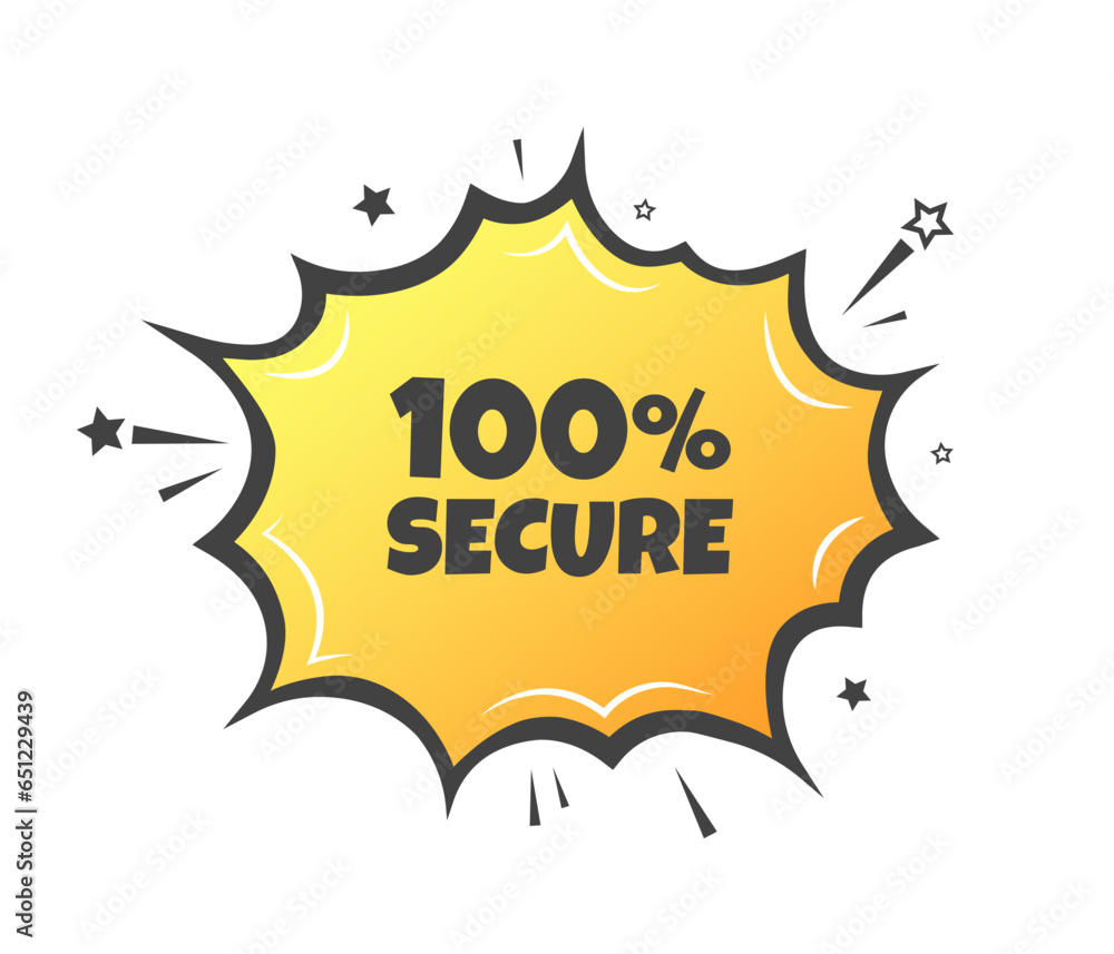 Poster 100% secure explosion. flat, yellow, 100% secure explosion. vector icon