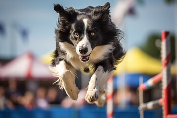 Border collie on dog agility slalom. Sports competitions of dogs on an agility field. Collie dog jumping over obstacle. Generative AI - Powered by Adobe