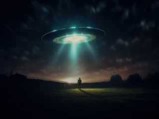 Foto op Plexiglas UFO A man looks at a UFO or alien floating above a rice field in the clouds. floating above the sky flying objects like spaceships and alien invasion, extraterrestrial life, space travel, spaceships
