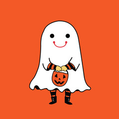 Adorable Kid Ghost with Pumpkin Candy Bucket for Trick or Treat.