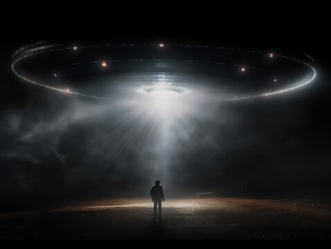 A man looks at a UFO or alien floating above a rice field in the clouds. floating above the sky flying objects like spaceships and alien invasion, extraterrestrial life, space travel, spaceships