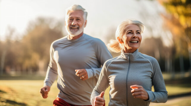 A senior couple in love smiling happily and energetically is jogging together in the park. with the concept of elderly people running and exercising for good health