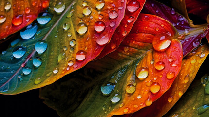 Colorful leaf background image with prominent water droplets. photos of the surface