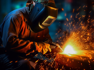 Close-up of a worker while doing a welding with arc welder