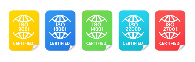 Set of International Organization for Standardization stickers 27001, 22000, 18001, 9001, 14001. Set of popular standards ISO. Management system certified sign. Vector illustration