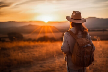 Rear view of female tourist traveler with backpack and lifestyle looking out over the scenery Walk in the autumn forest or spring nature evening with the setting sun.