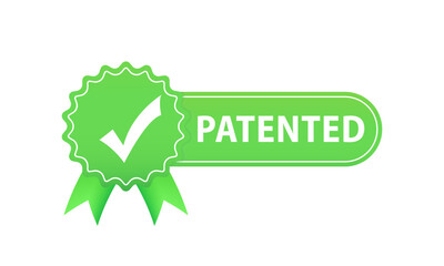 Patented label vector icon, flat cartoon rosette ribbon with patent text symbol, intellectual property protected green badge isolated on white background. Vector illustration