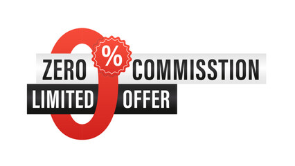 Zero percent commission banner template - 0% in cartoon decoration with tag and place for sample text - isolated vector promo poster or web element. Vector illustration
