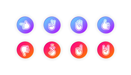 Reaction stickers. Flat, color, reaction stickers, hand gestures. Vector icons