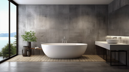 Fototapeta na wymiar Luxurious bathroom interior with bathtub Bathroom with double sinks and mirror, bathtub, toiletries and window in 3D hotel studio.