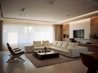 Fototapeta premium Luxurious bedroom with a beautiful and natural bedroom design with sunlight beside the window. Cozy bedroom space