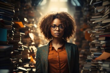 Black Woman Librarian Employee Career Workplace Backdrop Generative AI - obrazy, fototapety, plakaty