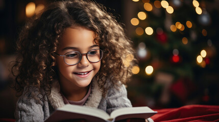 Nahaufnahme von einem kleinen Mädchen mit Brille und Locken, das ein Buch unter dem Weihnachtsbaum liest. Junger Bücherwurm