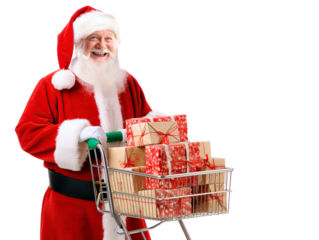 A smiling Santa Claus with a grocery cart filled with gifts. On transparent background.