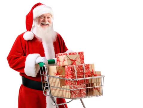 A smiling Santa Claus with a grocery cart filled with gifts. On transparent background.