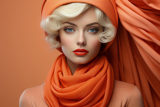 Blonde, fashion model in apricot crush- colored dress