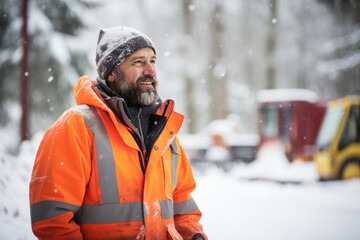 Arbeiter oder Bauarbeiter mit orangefarbener Arbeitsjacke steht drau&szlig;en im Schnee, drau&szlig;en arbeiten im Winter, selektiver Fokus
