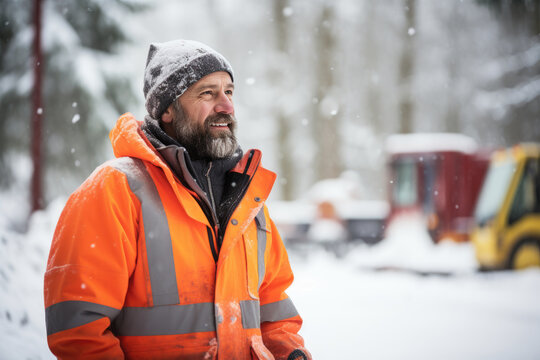 Arbeiter oder Bauarbeiter mit orangefarbener Arbeitsjacke steht draußen im Schnee, draußen arbeiten im Winter, selektiver Fokus