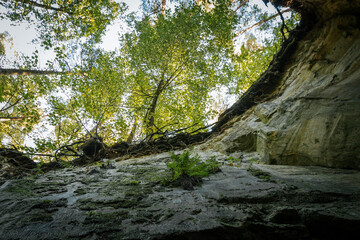 Urban Cavern Dark Entrance to a City Tunnel Amidst Nature's Landscape. Entrancing rock tunnel with architectural doorway; natural light and water create serene atmosphere.