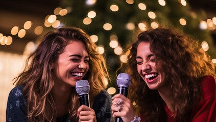 Two beautiful young women singing karaoke in front of christmas tree - obrazy, fototapety, plakaty