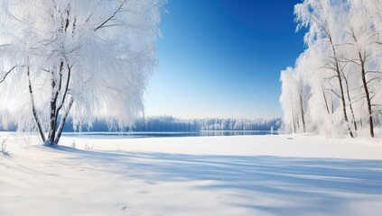 Beautiful winter landscape with frozen lake and trees in hoarfrost