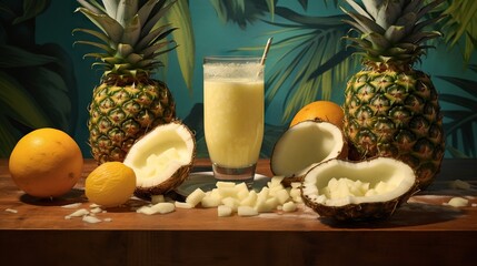 a table topped with sliced up pineapple next to a glass of milk.  generative ai