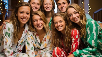 Group of friends in pajamas smiling at camera in the room