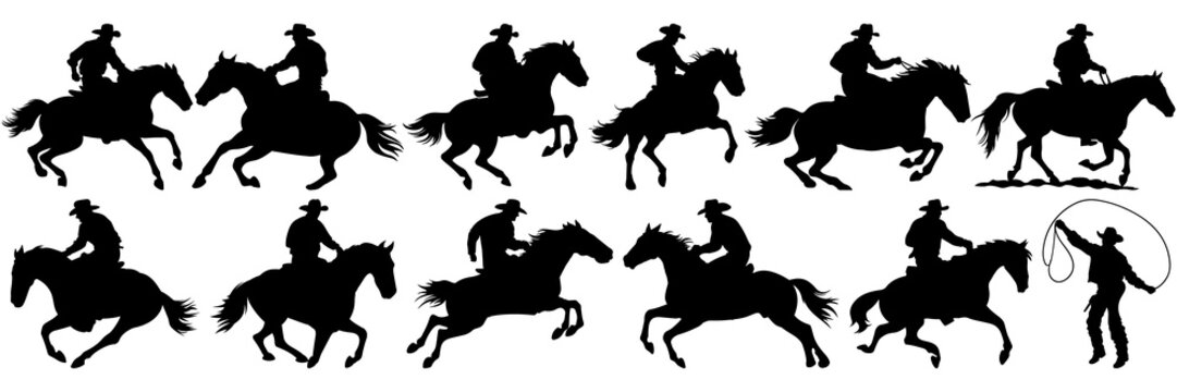 Cowboy rodeo western silhouettes set, large pack of vector silhouette design, isolated white background
