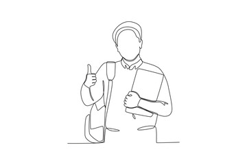 A student holding a book with a thumbs-up. International students day one-line drawing