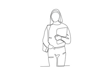 A female student wears a bag and carries a book to school. International students day one-line drawing