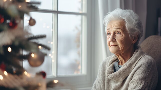 Einsames Weihnachten: Eine alleinstehende Rentnerin oder Witwe verbringt die Feiertage allein und schaut traurig und melancholisch aus dem Fenster, ältere Frau sitzt einsam neben dem Weihnachtsbaum