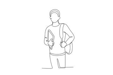 A student wears a backpack and carries a book. International students day one-line drawing