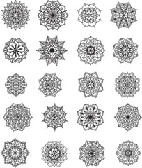 Set of hand drawn mandala line art, black white