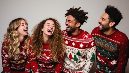 Fototapeta na wymiar Group of happy friends in christmas sweaters laughing and looking at each other