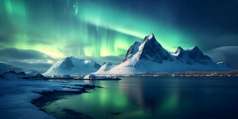 Aurora borealis above the snow covered mountains in Lofoten islands, Norway. Northern lights in winter. Night landscape with polar lights