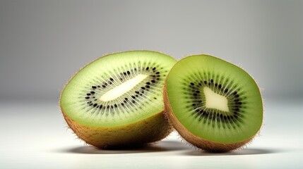  a kiwi cut in half sitting on a table next to another kiwi.  generative ai