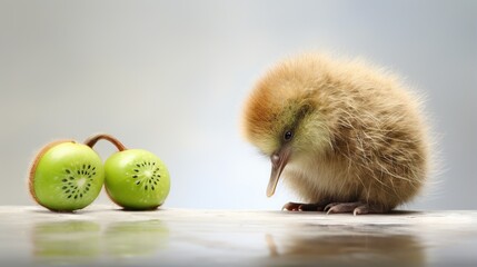  a small bird standing next to two kiwis on a table.  generative ai