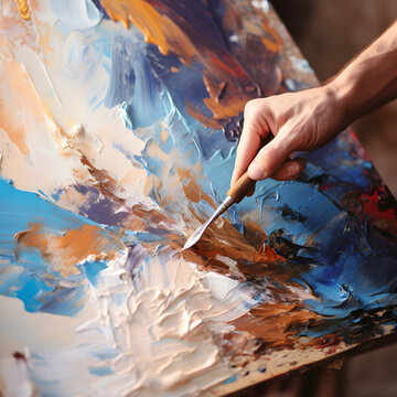 Close-up of an artist making tool strokes on a canvas of abstract art for a painting