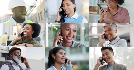 Collage, people and phone call for talk, communication and smile with diversity, networking and career. Men, women and smartphone for conversation, contact or speaking with connectivity in mosaic - Powered by Adobe