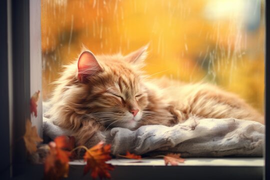 A cat sleeping on a blanket in a window sill. AI image. Cosy autumn image.